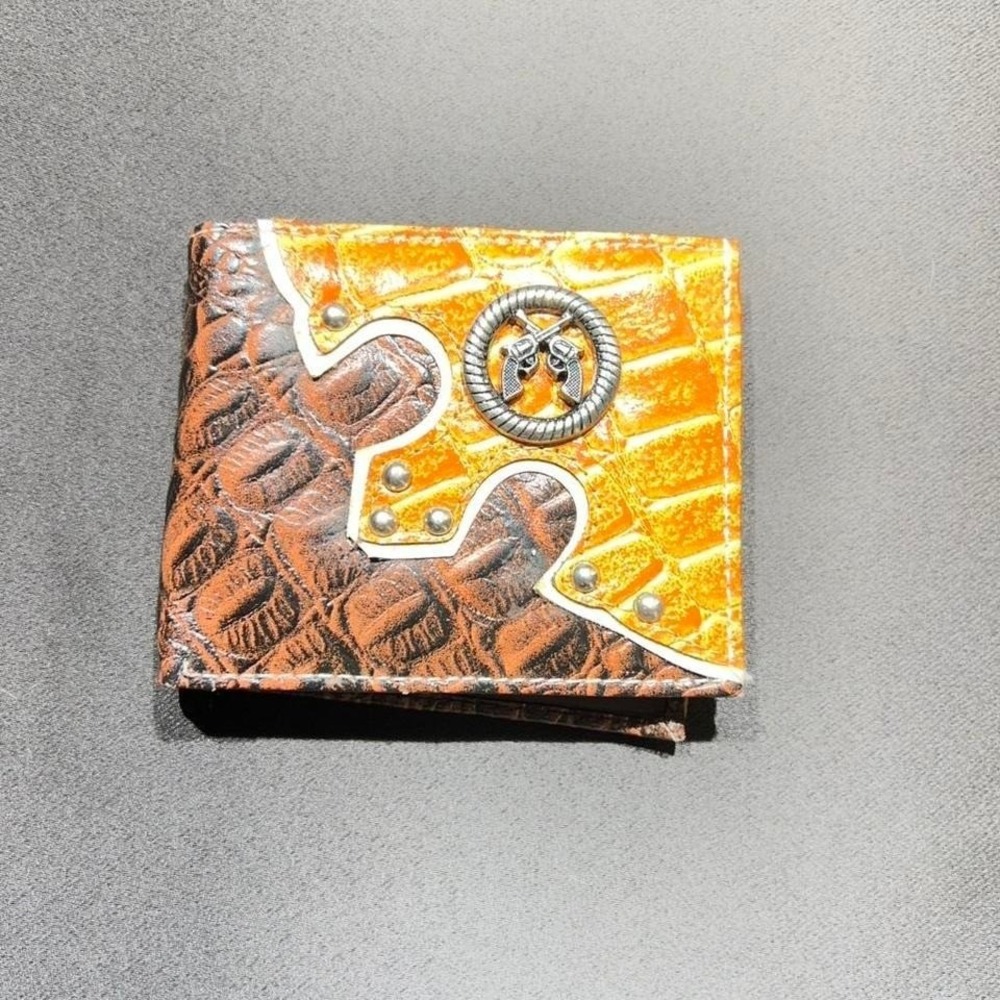 Western Faux Alligator Bifold Wallet Brown Orange Pistol Concho Studded‎ Mens